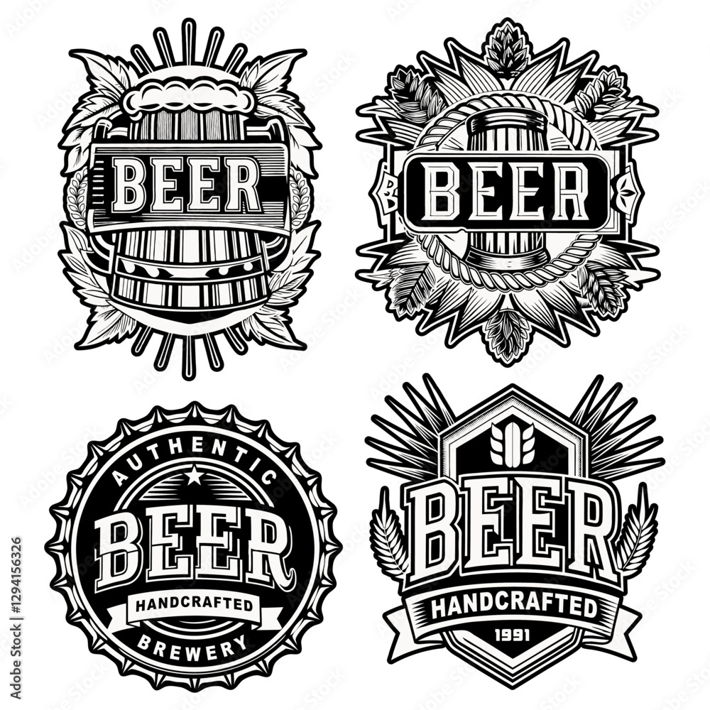 Obraz premium Beer logo set with frothy mugs, golden wheat stalks for beer industry and brewery branding and handcrafted brews. Beer emblem for bar
