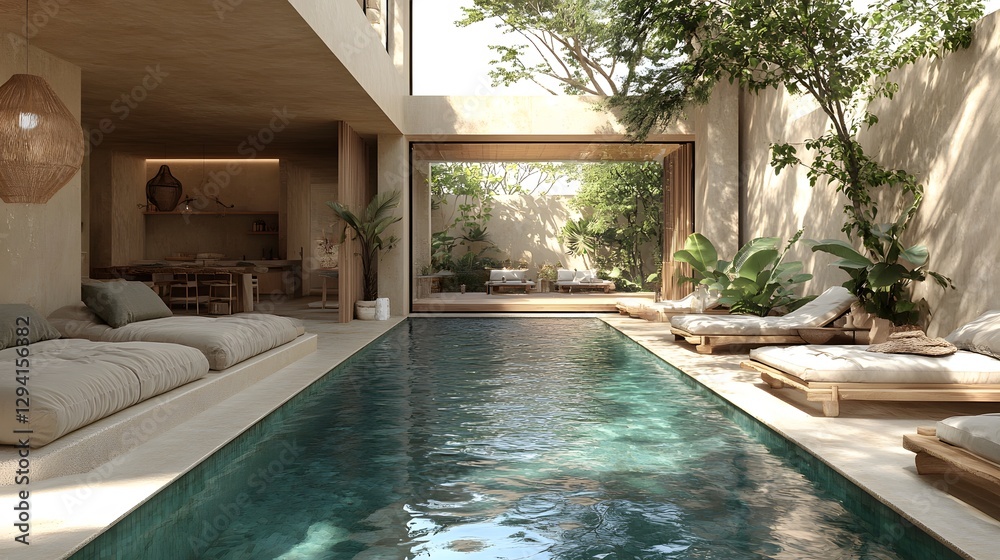 Obraz premium Serene poolside space with soft linen cushions, wooden sunbeds, and a calm boho ambiance, 3D rendering, 8K
