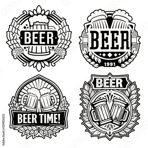 Craft beer logo set with frothy mugs, golden wheat, decorative ribbons, representing brewing artistry for beer industry and brewery branding and handcrafted brews. Beer emblem for bar