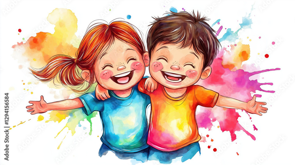 Fototapeta premium Indian Kids Playing Holi – Cute Cartoon Illustration