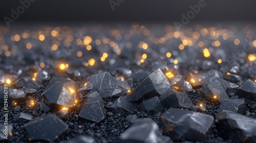 Dark crystals glisten under soft light, showcasing intricate textures and sparkling highlights in a mystical environment during twilight hours