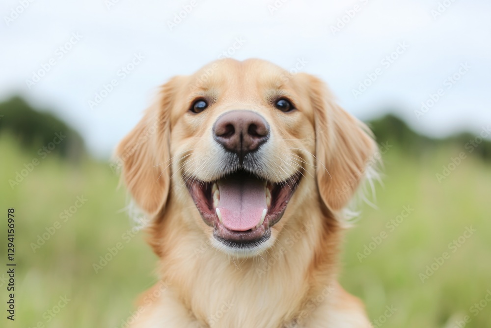 Smiling golden retriever in grassy field, showcasing joy and war Smiling golden retriever in grassy field, showcasing joy and war
