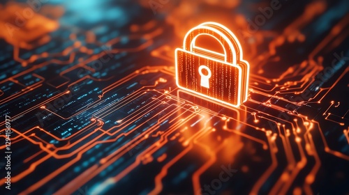 Digital lock symbol on circuit board background.