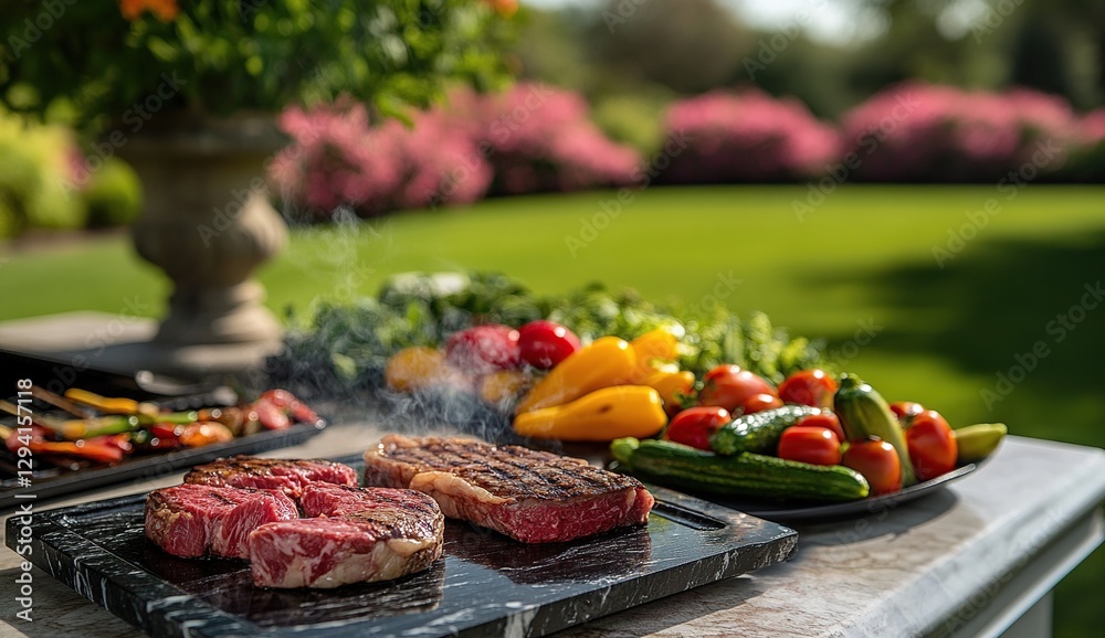 Obraz premium Sizzling Steaks and Grilled Vegetables: A Culinary Outdoor Delight on a Sunny Day