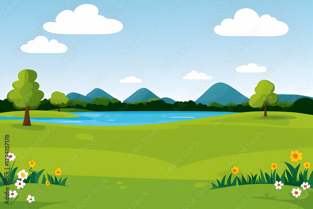 Naklejka premium Idyllic landscape illustration featuring a serene lake, lush green fields, vibrant flowers, and majestic mountains under a clear blue sky. Perfect for children's books, websites, or presentations.