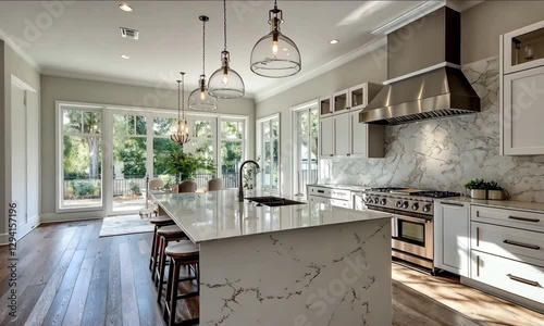A modern kitchen featuring a large island with bar stools, sleek cabinetry, and large windows that provide natural light and a view of the outdoor space.