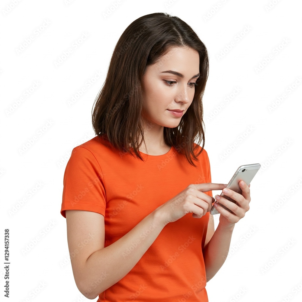 Woman wearing an orange shirt using a mobile phone isolated on a white background