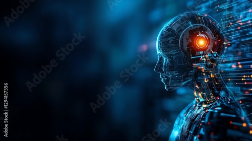 Futuristic digital robot head with glowing details