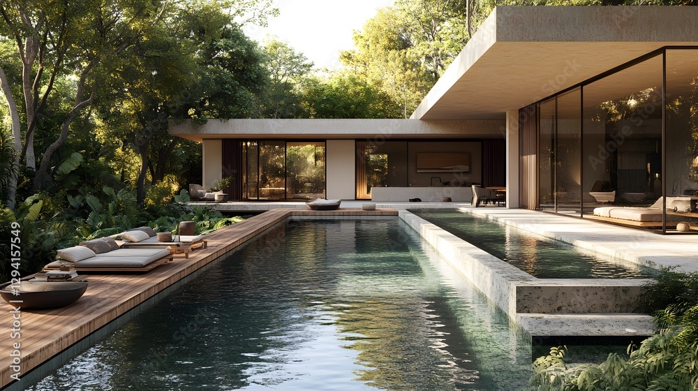 Fototapeta premium Serene bohemian villa with neutral textiles, wooden paneling, and a stunning infinity pool, 3D rendering, 8K