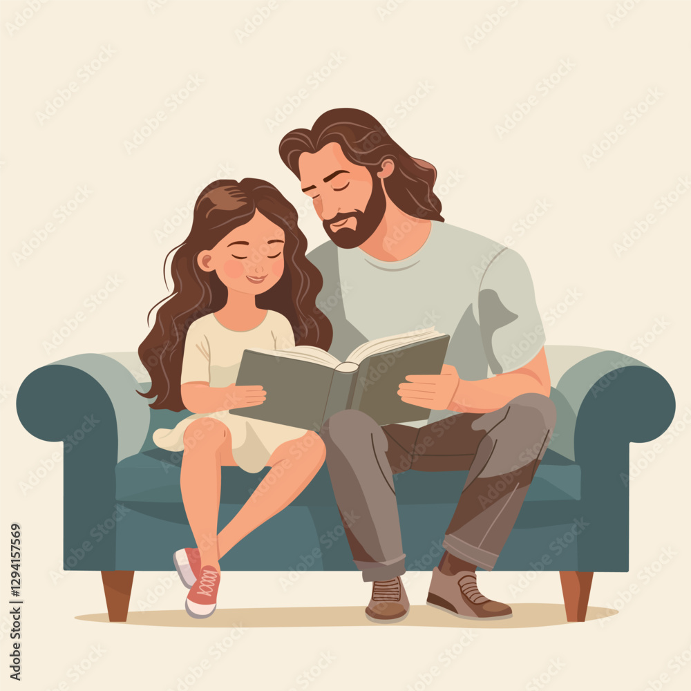 Father and daughter reading a book sitting on a sofa. Vector illustration in pastel colors. Father and daughter reading a book sitting on a sofa. Vector illustration in pastel colors.