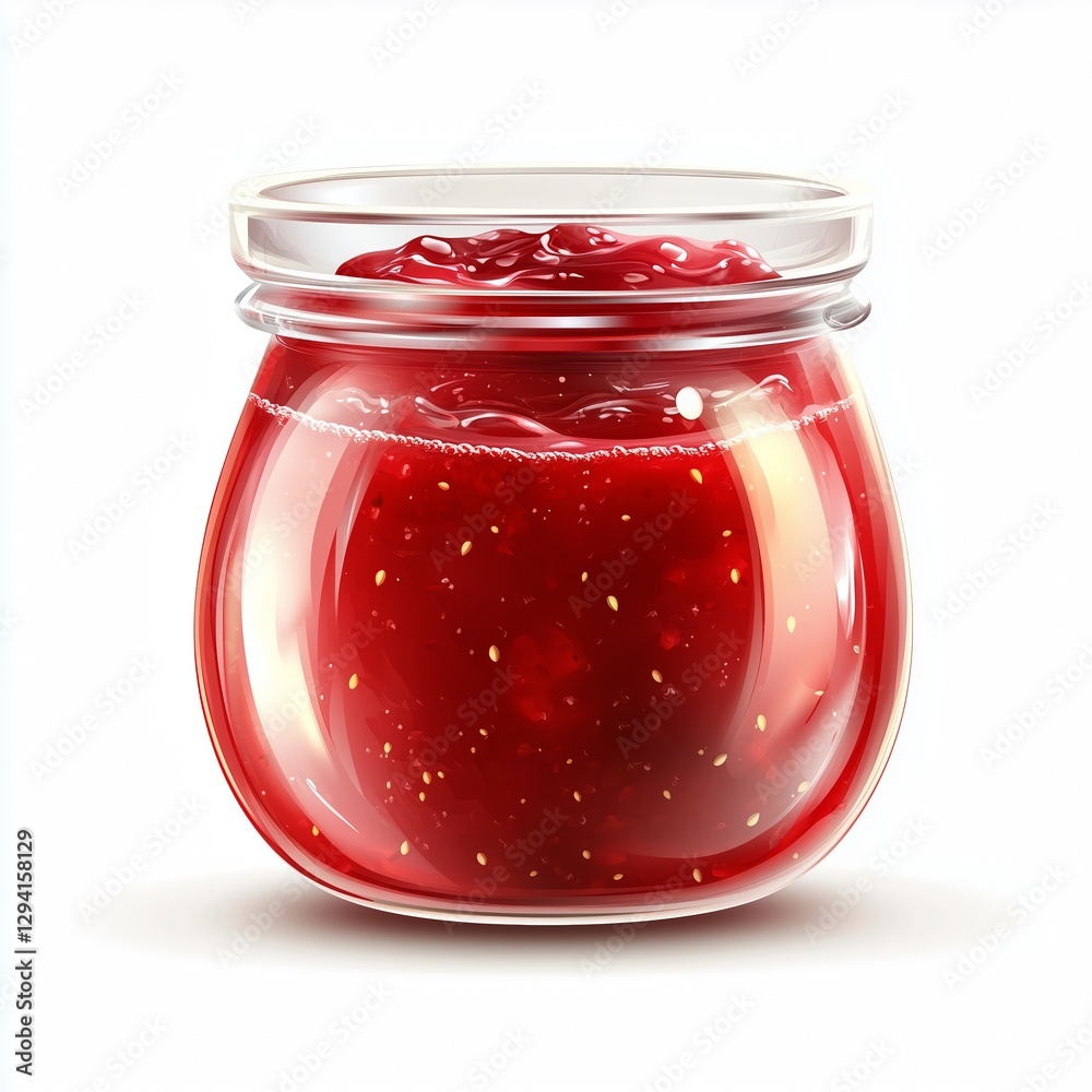 Realistic illustration of a glass jar filled with vibrant red strawberry jam, slightly overflowing, with visible fruit chunks and seeds on a clean white background. Realistic illustration of a glass jar filled with vibrant red strawberry jam, slightly overflowing, with visible fruit chunks and seeds on a clean white background.