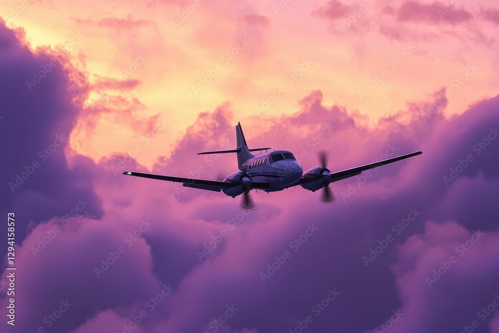 King Air Flight in the Morning Sky with Violet and White Clouds at Sunrise King Air Flight in the Morning Sky with Violet and White Clouds at Sunrise