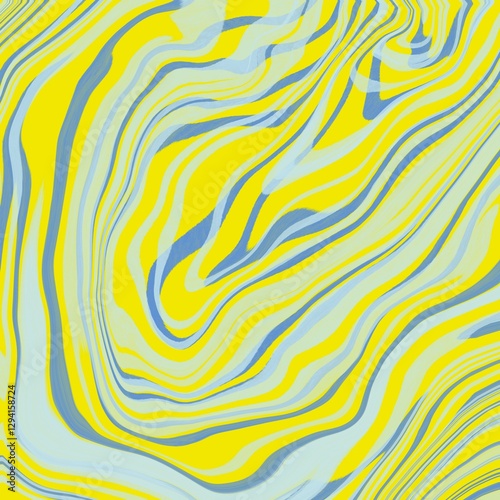 Abstract pattern with wavy lines in shades of yellow and blue. The fluid, swirling design creates a sense of movement and depth, resembling marbled or psychedelic art.
