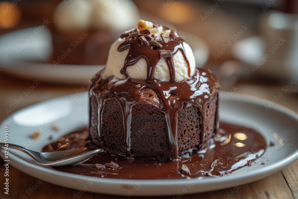 rich chocolate lava cake with vanilla ice cream, drizzled in fudge sauce for an extra layer of the brown color on top. The texture is soft and creamy against a white plate. A spoon lies beside it rich chocolate lava cake with vanilla ice cream, drizzled in fudge sauce for an extra layer of the brown color on top. The texture is soft and creamy against a white plate. A spoon lies beside it