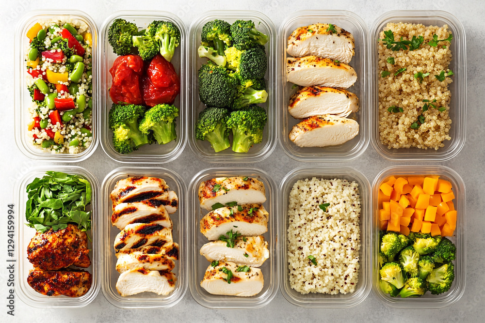 An organized meal prep concept showcasing filled containers with fresh, healthy food, neatly packed in plastic or glass storage boxes