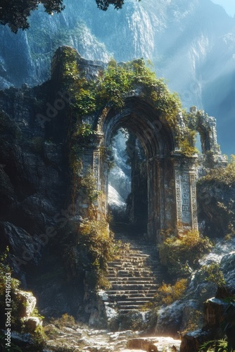 A hidden valley deep within the mountains, where time stands still, ancient stone gates covered in vines and forgotten inscriptions