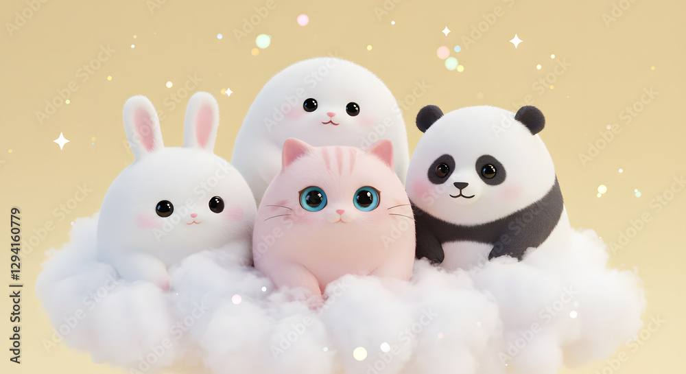 Adorable Fluffy Friends on a Cloud: Cute Cartoon Animals Together in Dreamy Pastel Setting Adorable Fluffy Friends on a Cloud: Cute Cartoon Animals Together in Dreamy Pastel Setting