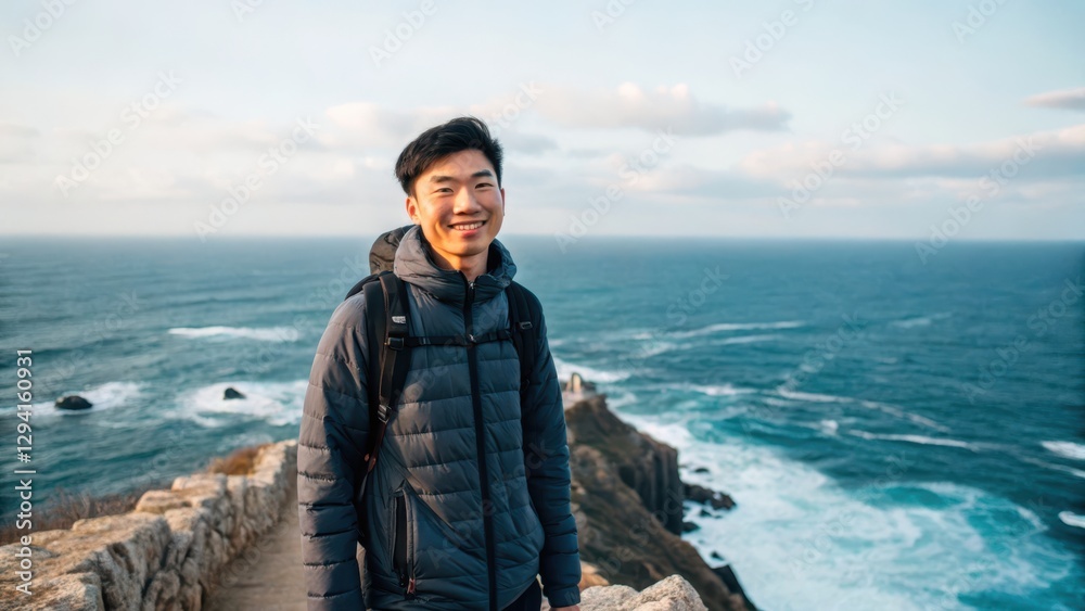Solo traveler adventure experience concept. A smiling individual stands on a coastal pathway, overlooking the ocean with waves crashing against rocks under a cloudy sky. Solo traveler adventure experience concept. A smiling individual stands on a coastal pathway, overlooking the ocean with waves crashing against rocks under a cloudy sky.