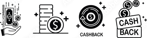 Cashback icon set, Return money, Cash back rebate, Financial services. black and white, vector