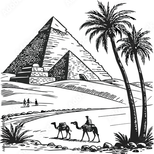 Old Egypt Pyramid Arabic cultrual vector line art silhouette design