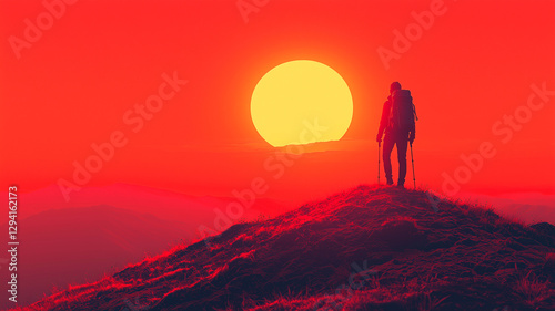 Hiker at Fiery Red Sunset, Vibrant Horizon, Dramatic Landscape