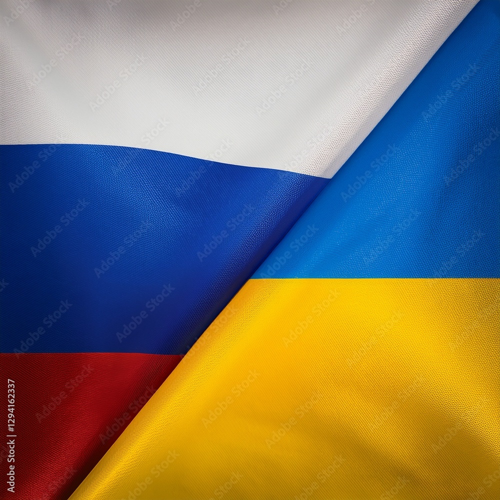 Fototapeta premium Russian and Ukrainian Flags Symbolizing a Truce in the War