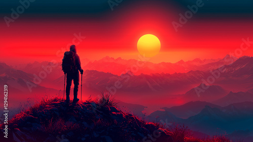 Hiker at Fiery Red Sunset, Vibrant Horizon, Dramatic Landscape
