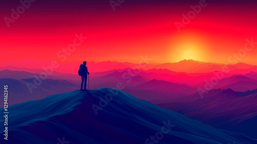 Hiker at Fiery Red Sunset, Vibrant Horizon, Dramatic Landscape