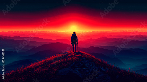 Hiker at Fiery Red Sunset, Vibrant Horizon, Dramatic Landscape