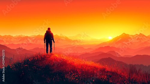 Hiker at Fiery Red Sunset, Vibrant Horizon, Dramatic Landscape