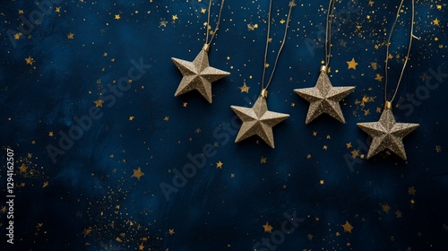 Decorative golden stars hanging on string against a deep blue background with scattered gold stars