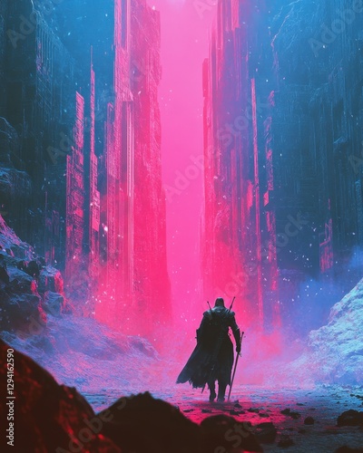A knight walking through a glowing time rift, stepping into a cyberpunk future, the contrast of past and future blending