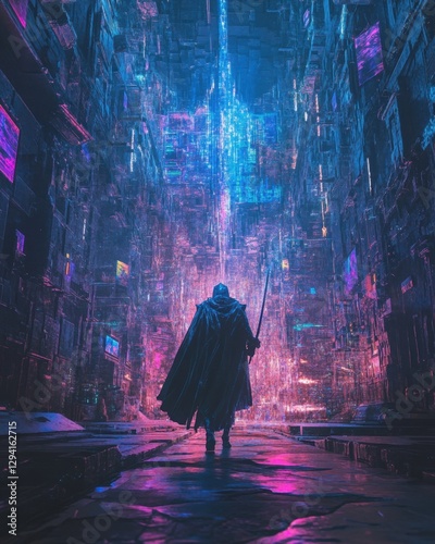 A knight walking through a glowing time rift, stepping into a cyberpunk future, the contrast of past and future blending