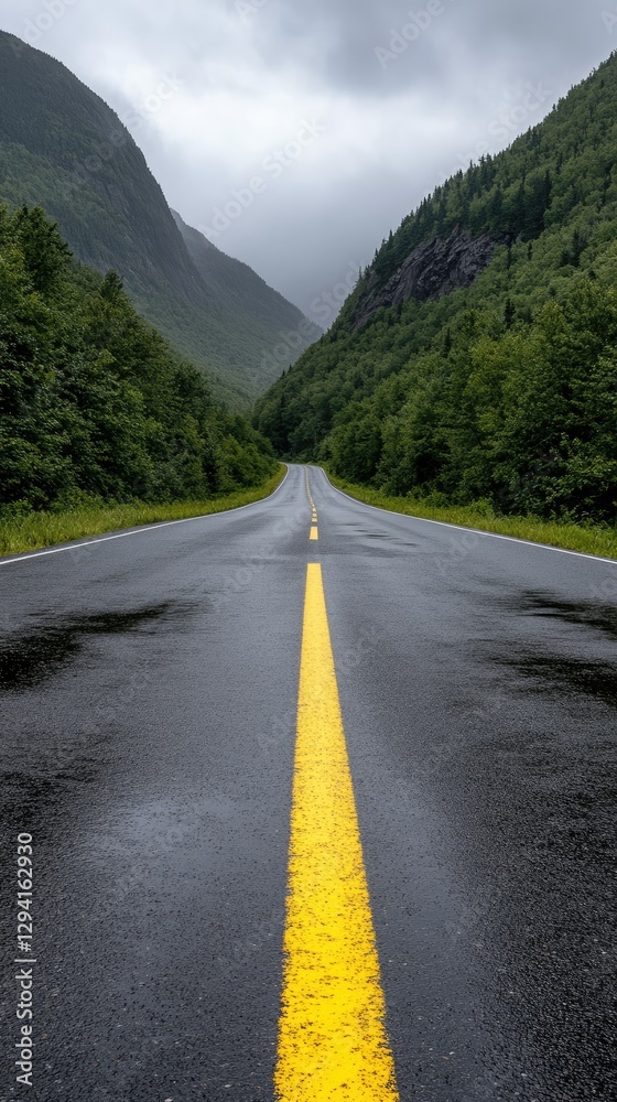 Fototapeta premium A breathtaking scenic highway winds its way through lush, green mountains that rise majestically beneath a cloudy sky