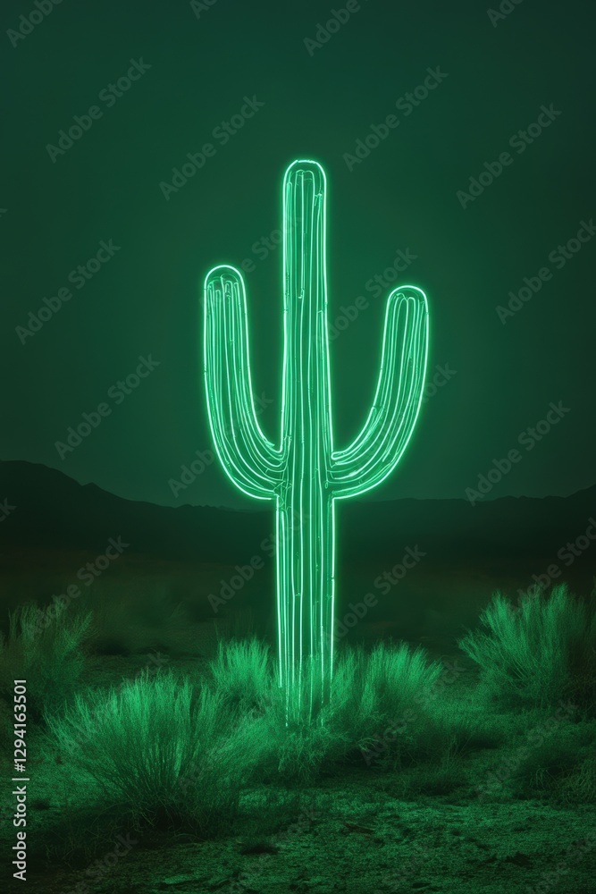 Obraz premium Cactus plant glowing in neon light against desert landscape at night, creative lighting, unique decor, desert aesthetics, modern art, nature photography.
