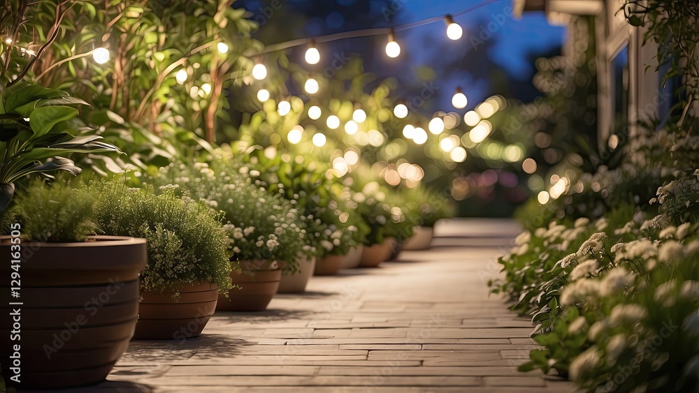 A Modern Garden Path Lit by Ambient Lighting, Highlighting Lush Plants and Flowers at Night A Modern Garden Path Lit by Ambient Lighting, Highlighting Lush Plants and Flowers at Night