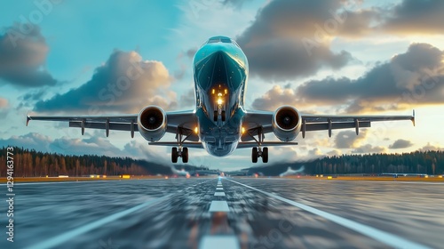 Airplane Taking Off at Sunset Dramatic Low Angle View