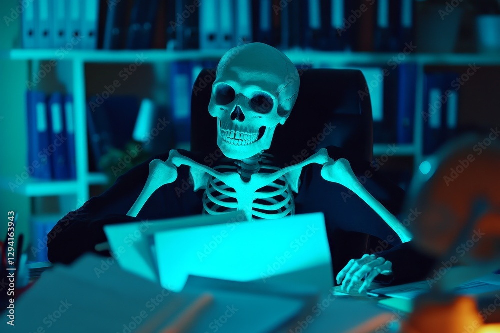 Skeletal worker at desk in stark light. Skeletal worker at desk in stark light.