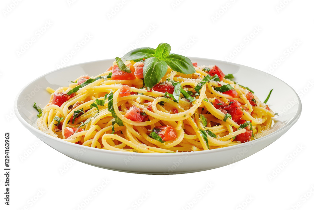 Delicious Pasta With Fresh Tomatoes And Basil On A Black Background. Ready To Eat Delicious Pasta With Fresh Tomatoes And Basil On A Black Background. Ready To Eat