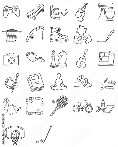 hand drawn set icons hobbies and leisure