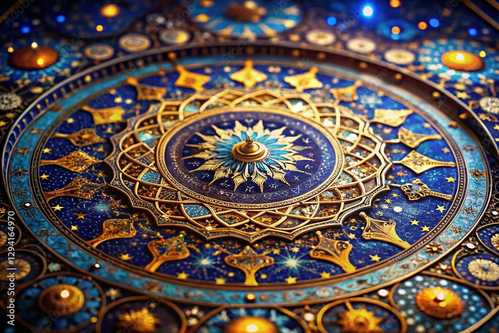 Obraz premium Miniature Arabic Astronomical Chart: Tilt-Shift Star Map, Celestial Navigation, Ancient Astronomy, Night Sky