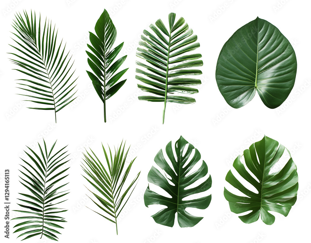 A collection of tropical palm leaves in various shapes and sizes, arranged on a transparent background PNG A collection of tropical palm leaves in various shapes and sizes, arranged on a transparent background PNG