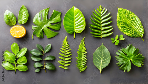 Vibrant green tropical leaves and a citrus fruit slice arranged on a dark gray background.  Perfect for wellness, nature, or health-related projects.