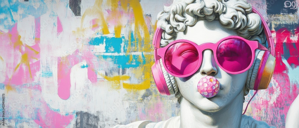 Fototapeta premium Artistic statue wearing pink sunglasses and headphones in front of colorful graffiti wall, modern urban vibe, creative expression, street art culture.