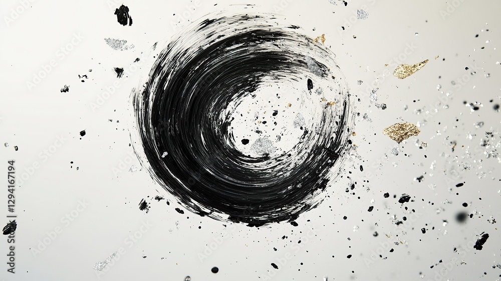 Fototapeta premium A minimalist burst of black circular brush strokes contrasted by chaotic silver and gold splatters floating mid-space on a translucent off-white background. 32k