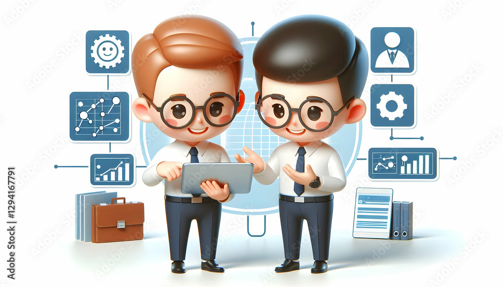 3D Business Team: Happy Executives Using Tablets in Corporate Office 3D Business Team: Happy Executives Using Tablets in Corporate Office