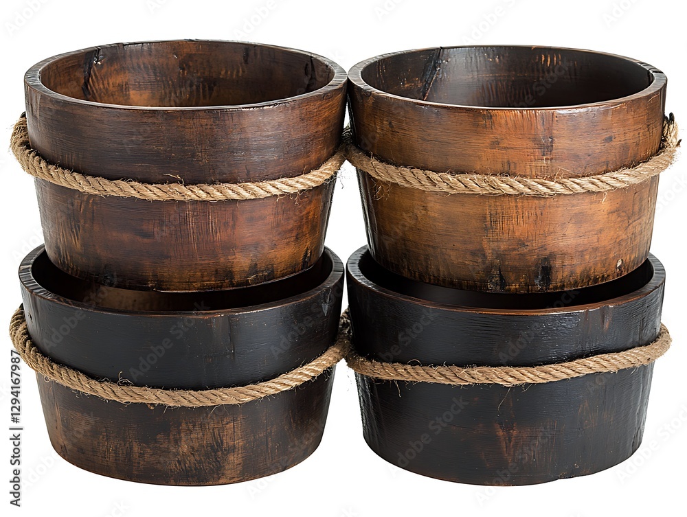 Wooden containers stacked with rope surrounds and a white background Wooden containers stacked with rope surrounds and a white background
