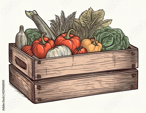 sketch hand drawn illustration wooden box with vegetables