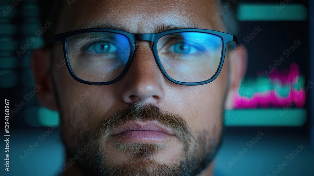 Cybersecurity data protection through collaboration. Focused man with glasses, staring intently at digital data. Cybersecurity data protection through collaboration. Focused man with glasses, staring intently at digital data.