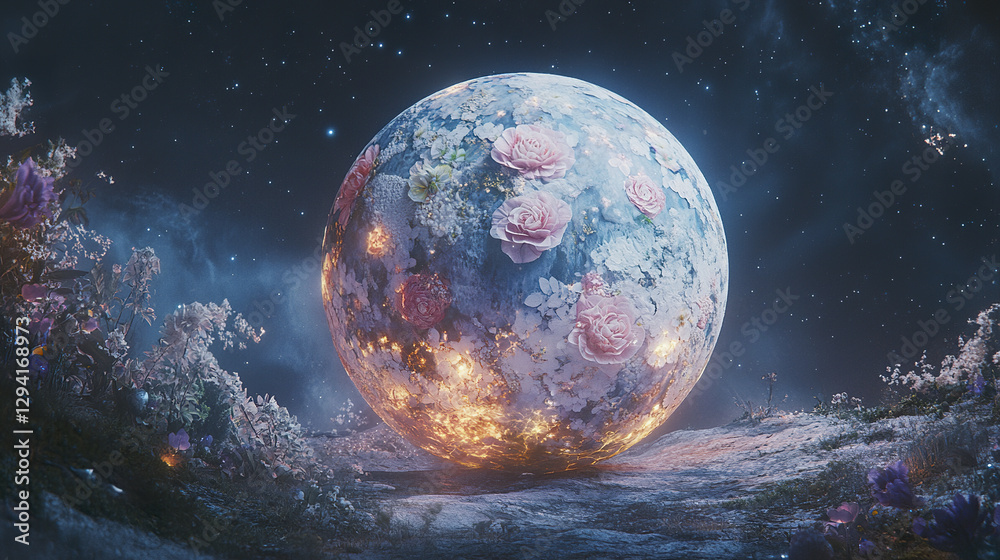 Naklejka premium surreal planet covered in flowers floats in space, glowing softly